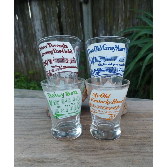 Vintage Classics Folk Song Themed Shot Glass Set, 4 Retro Cocktail Glasses - Picture 1 of 16